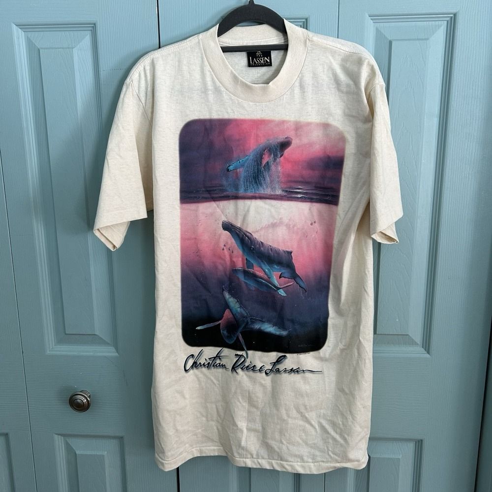 VTG Christian Riese Lassen T Shirt Adult M Single Stitch Whales 90s Psychedelic